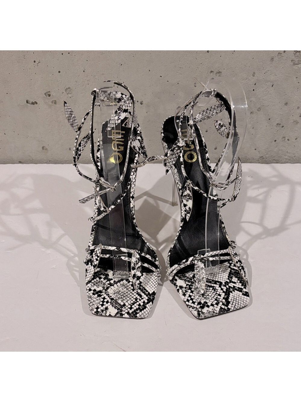 EGO Black and White Snakeskin Strappy Stiletto Heels - Size 7